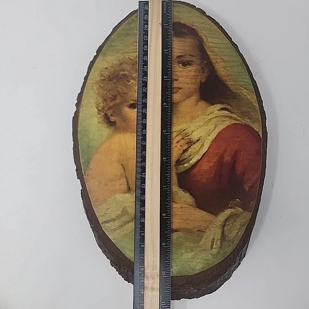 Vintage Madonna and Child Wood Slice Plaque – Religious Wall Art – Bark Edge...